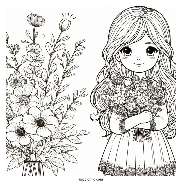 Pretty Little Girl Holding A Flower Bouquet In Spring Coloring Page For Kids