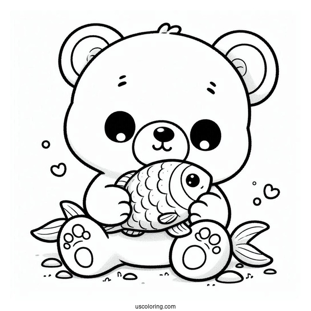 Easy Baby Bear Coloring Page Chewing On Fish