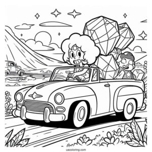Steven Universe Coloring Page Of Driving Car With Pearl, Amethyst, Bismuth, And Garnet
