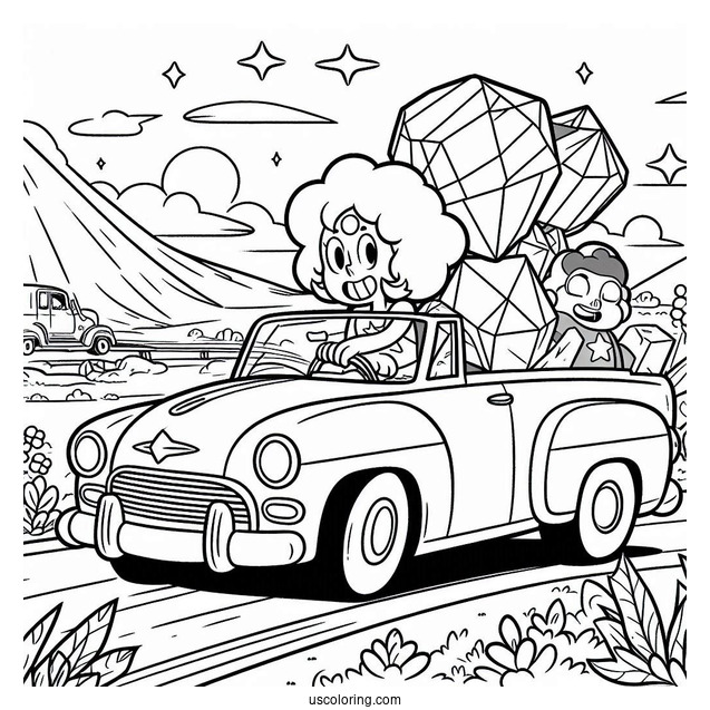 Steven Universe Coloring Page Of Driving Car With Pearl, Amethyst, Bismuth, And Garnet