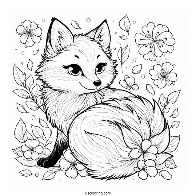 Fluffy Fox Coloring Page With Petals In Background