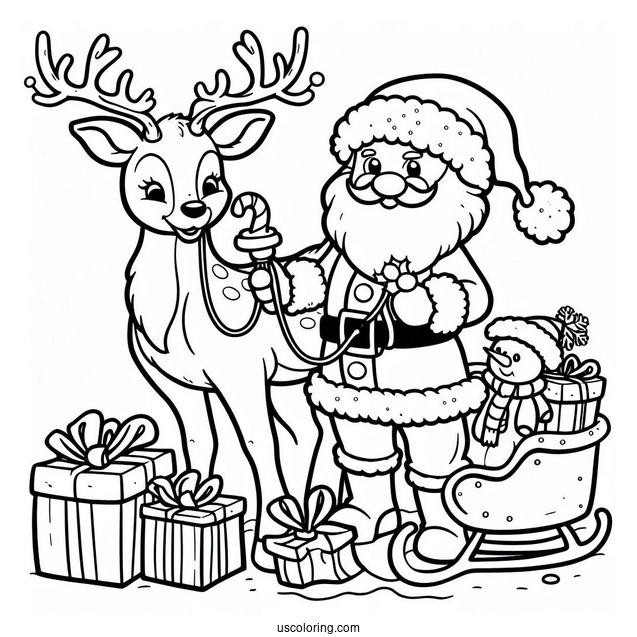Easy Santa And His Reindeer To Color For Preschoolers
