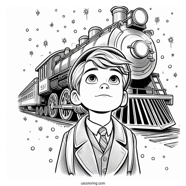 Hero Boy Staring Up At The Polar Express Coloring Page