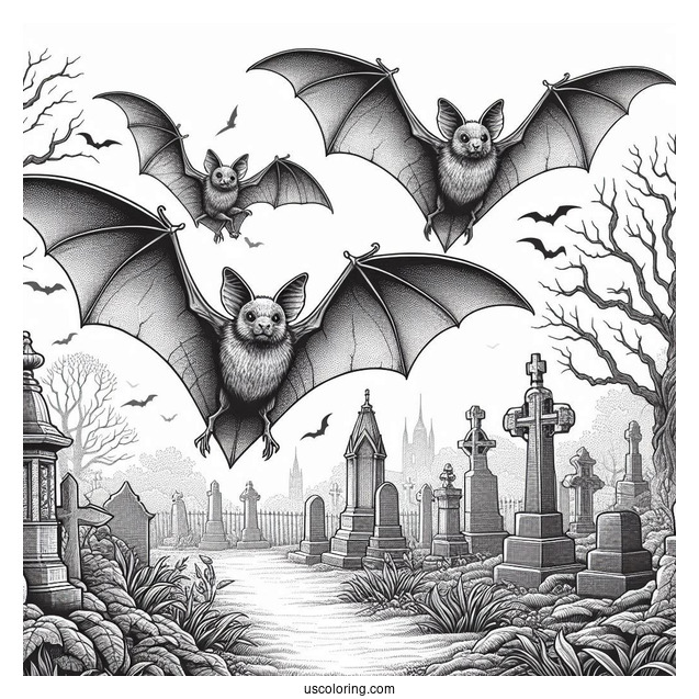 Realistic Bats Coloring Page Flying In Cemetery
