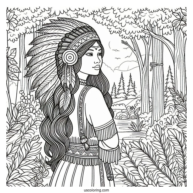 Native American Coloring Page Woman Standing In The Forest