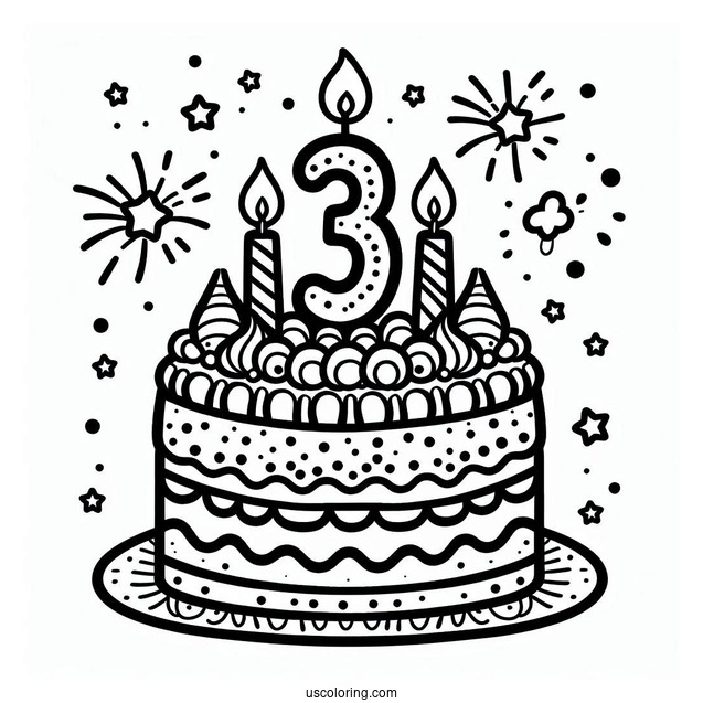 Third Birthday Cake Coloring Page For Preschoolers