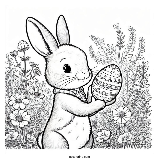 Peter Rabbit Coloring Page Holding An Easter Egg In A Field
