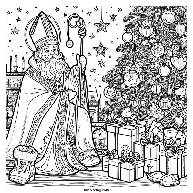 Saint Nicholas Putting Gifts Under Christmas Tree