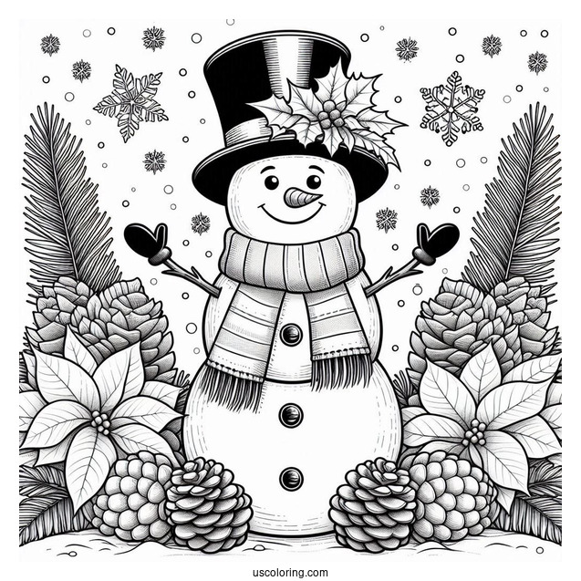 Christmas Coloring Pages For Adults Of Snowman With Top Hat Standing On Pinecones And Poinsettias