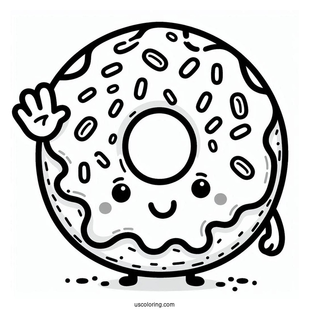 Smiling Cartoon Donut Coloring Page Waving Hand For Kids