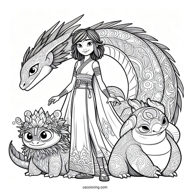 Raya And The Last Dragon Coloring Page Of Raya, Sisu, Tuk Tuk, And Namaari