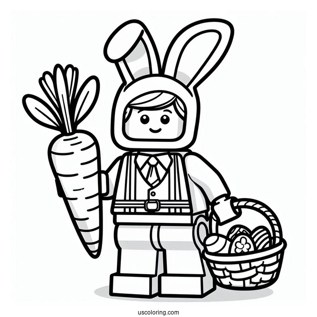 Lego Man In Easter Bunny Coloring Page Costume Holding Carrot