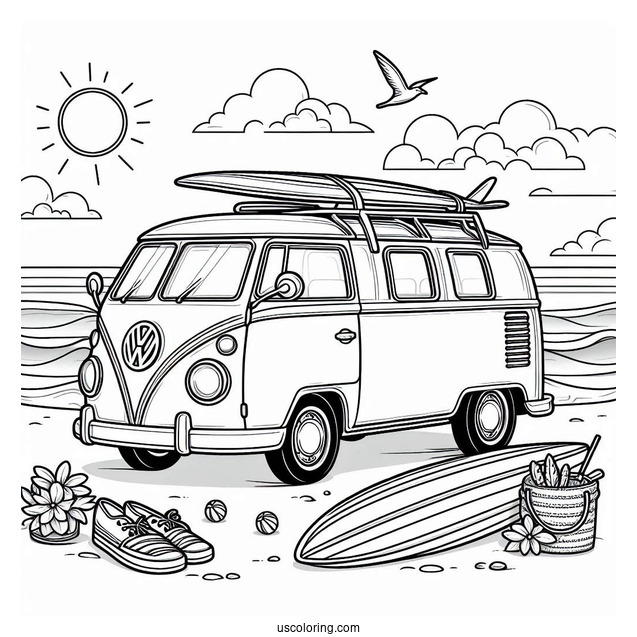 Volkswagen Van With Surfboard Summer Coloring Page