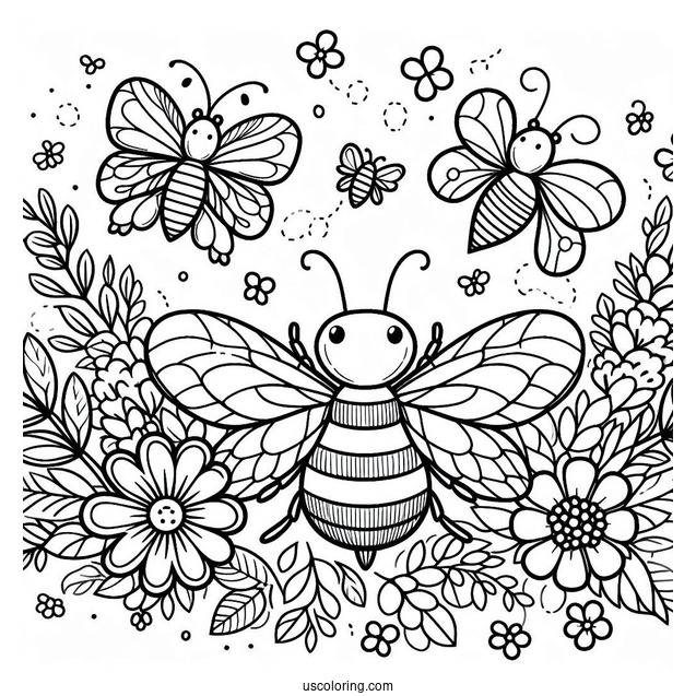 Bee Coloring Page Of Surrounded By Flowers And Leaves