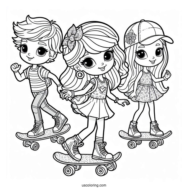Polly Pocket Coloring Page Skateboarding With Nikolas, Lila, And Shani