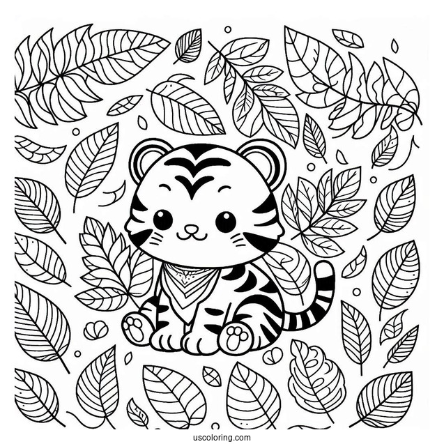 Tiny Tiger On Leaves Pattern Coloring Page