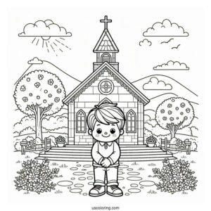 Little Boy Standing In Front Of A Church Coloring Page