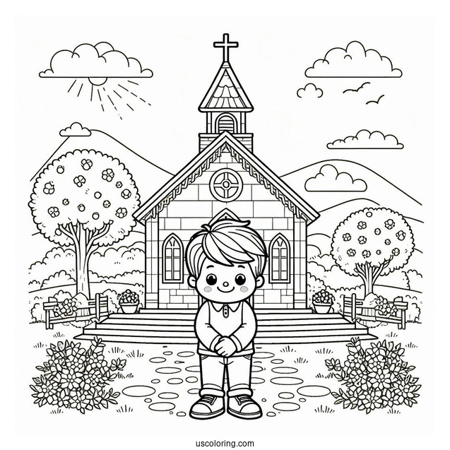 Little Boy Standing In Front Of A Church Coloring Page
