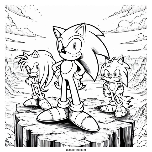 Detailed Sonic,, Knuckles, And Tails Coloring Page Standing On Cliff