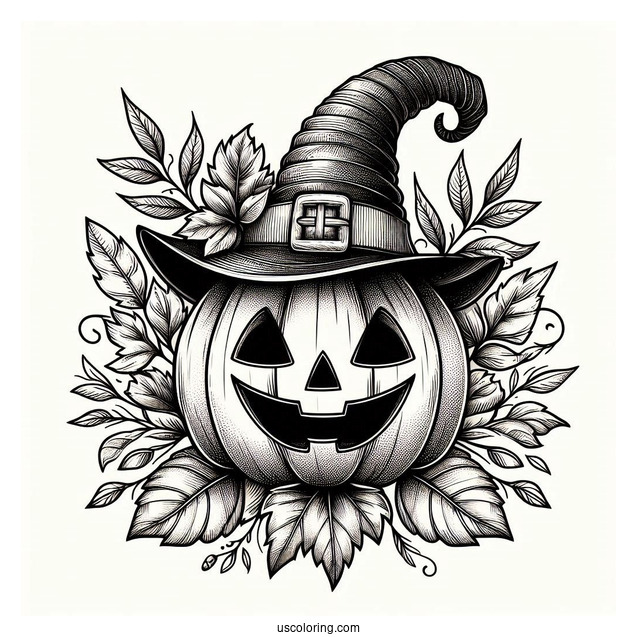 Pumpkin Coloring Page Of Detailed Jack O Lantern Wearing Witch Hat And Leaves