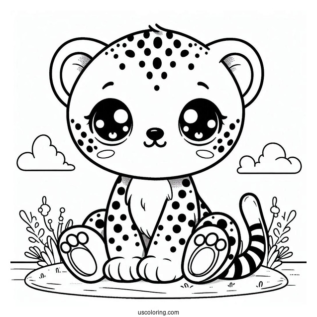 Kawaii Baby Cheetah Coloring Page Sitting Down