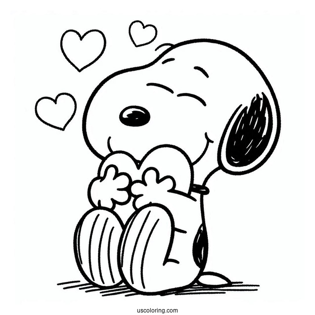 Snoopy Hugging a Big Love Heart To Color