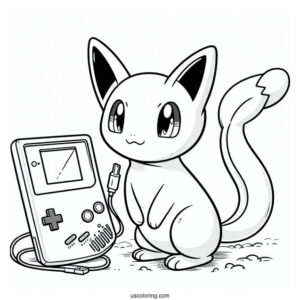 Mew Coloring Page Standing In Front Of Game Boy Console