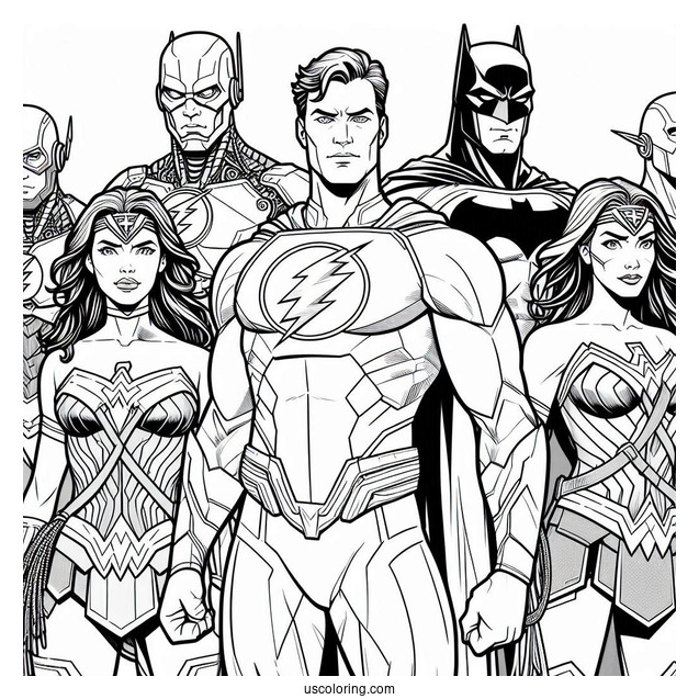 Justice League Coloring Page Of Cyborg, Green Lantern, Flash, Wonder Woman, Batman, And Superman