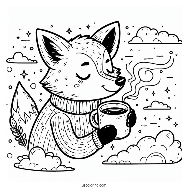 Detailed Fox Coloring Page Holding Cup In Clouds