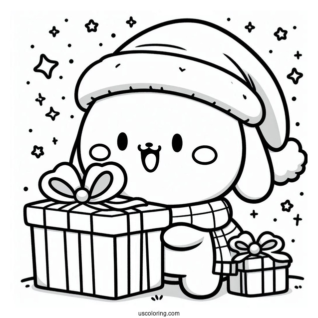 Easy Pochacco Coloring Page In Santa Hat Holding Christmas Present