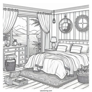 Tidy Bedroom Coloring Page With Scenic Ocean View