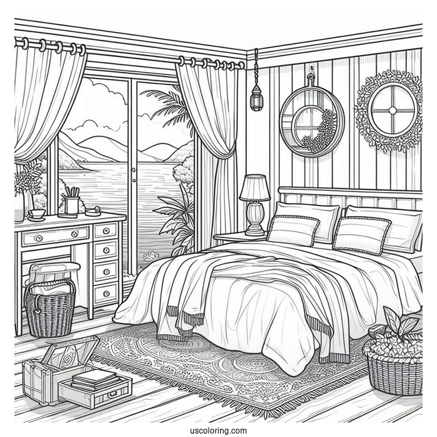 Tidy Bedroom Coloring Page With Scenic Ocean View