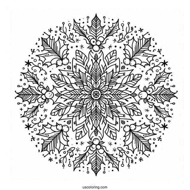 Hollies And Mistletoes Christmas Mandala Coloring Page