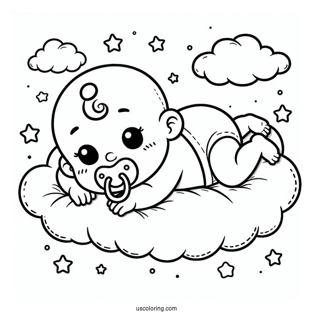 Baby Coloring Page With Pacifier Lying On Cloud