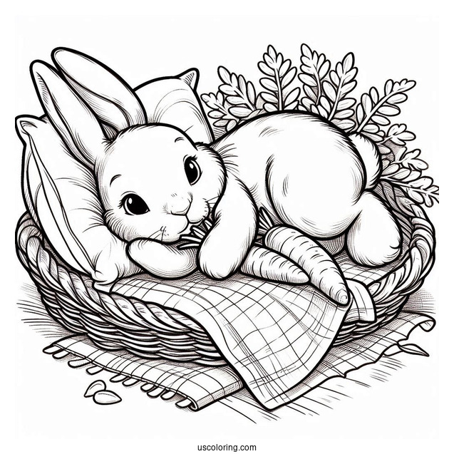 Peter Rabbit Coloring Page Lying On A Bed Of Carrots