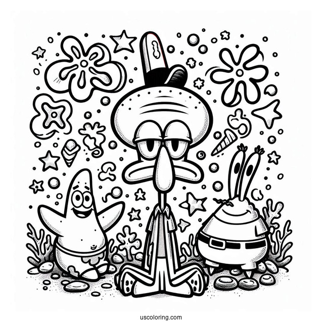 Detailed Squidward Coloring Page With SpongeBob And Patrick Star