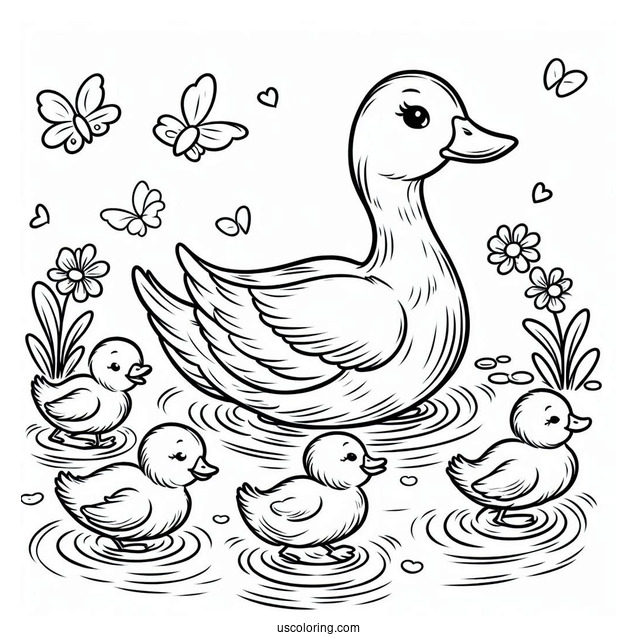 Ducklings Following Mom In The Pond