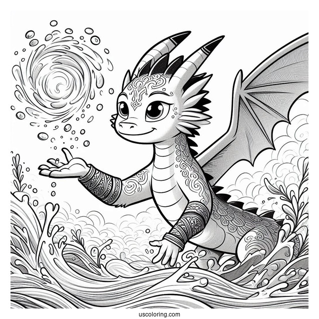 Raya And The Last Dragon Coloring Page Of Pengu Showing Water Magic To Sisu