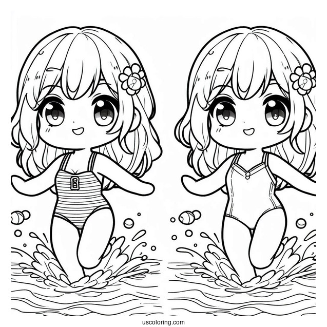 Kawaii Chibi Kids Swimming Coloring Page In The Pool For Kids