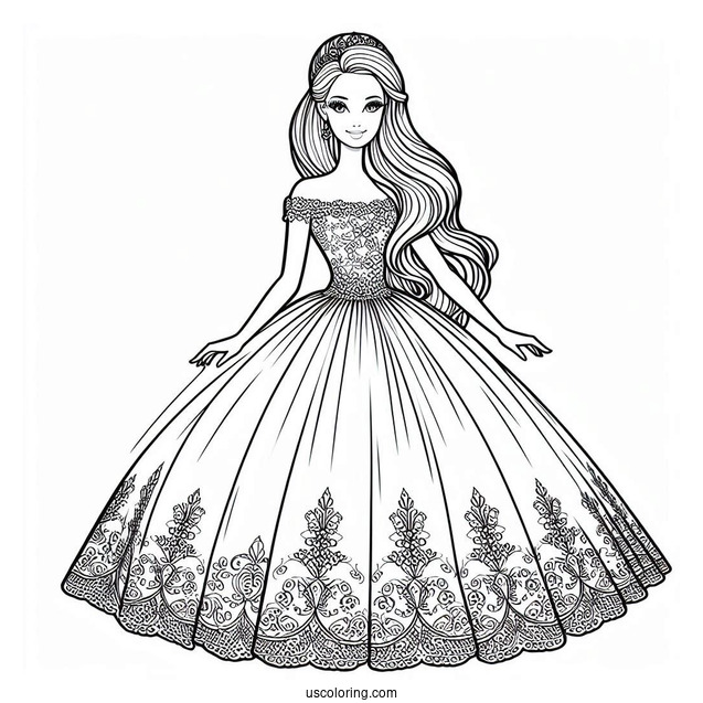 Princess Barbie In Gown Coloring Page