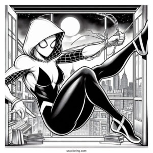 Spider-Gwen Coloring Page Swinging Out Of A Window In Spider Man Multiverse
