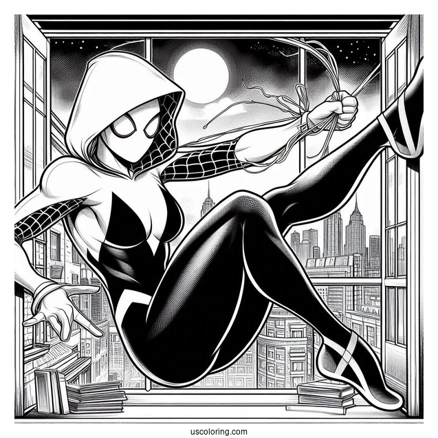 Spider-Gwen Coloring Page Swinging Out Of A Window In Spider Man Multiverse