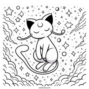 Mew Coloring Page Floating In The Sky With Stars