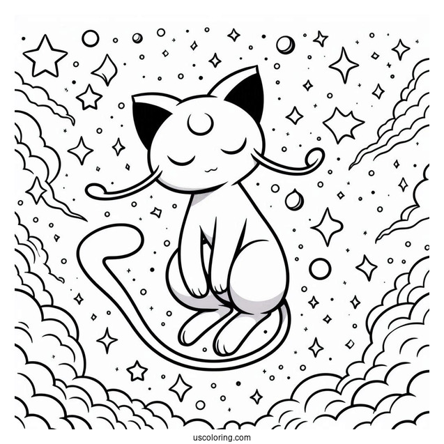 Mew Coloring Page Floating In The Sky With Stars