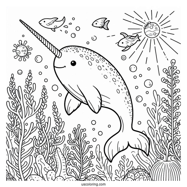Narwhal Coloring Page Swimming Underwater With Aquatic Life