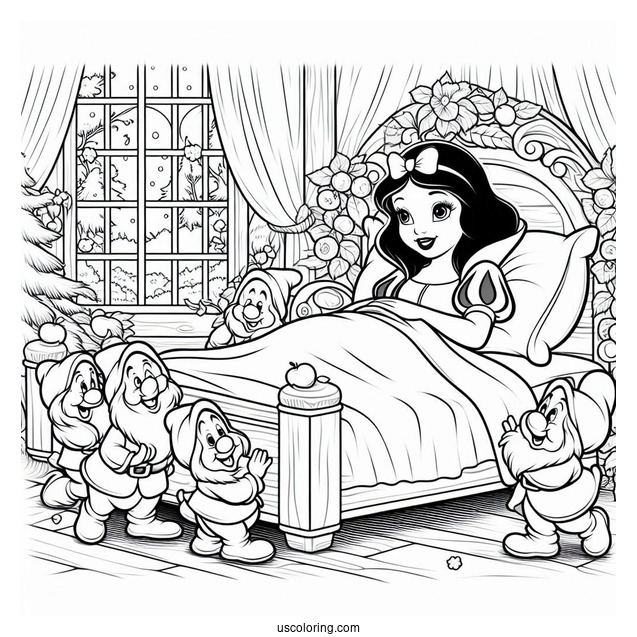 Snow White In Bed Being Woken Up By The Seven Dwarfs
