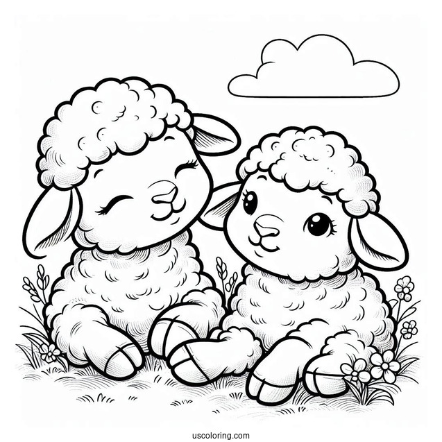 Two Cute Lambs Resting On Grass To Color