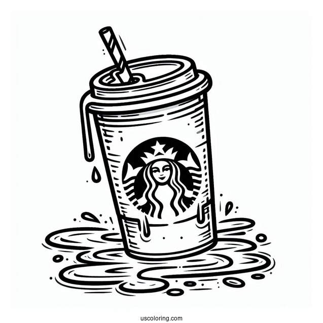Cartoon Starbucks Coloring Page Cup With Drink Spilling Over For Kids