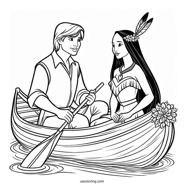 Pocahontas And John Smith On Canoe Coloring In