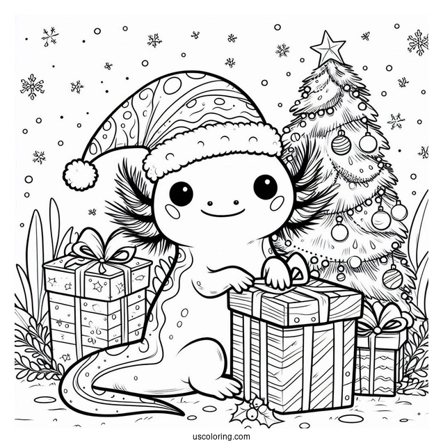 Axolotl Coloring Page Standing In The Middle Of Christmas Presents